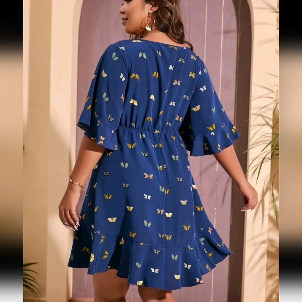 SHEIN Women's Butterfly Print, Flounce Sleeve, Hem Knot Front Dress NWOT - Picture 3 of 14